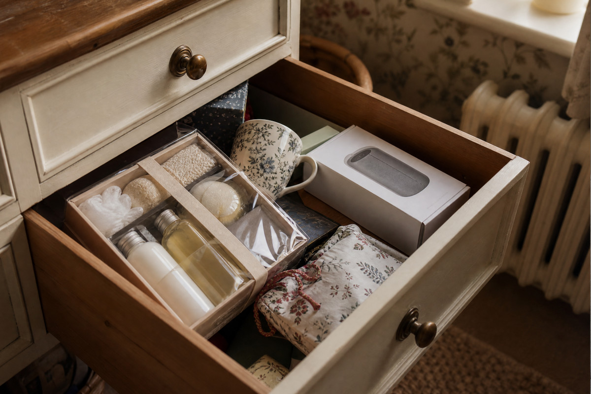 A drawer of well-meant but unused gifts — a boxed bath set, a novelty mug and a gadget still in its packaging.